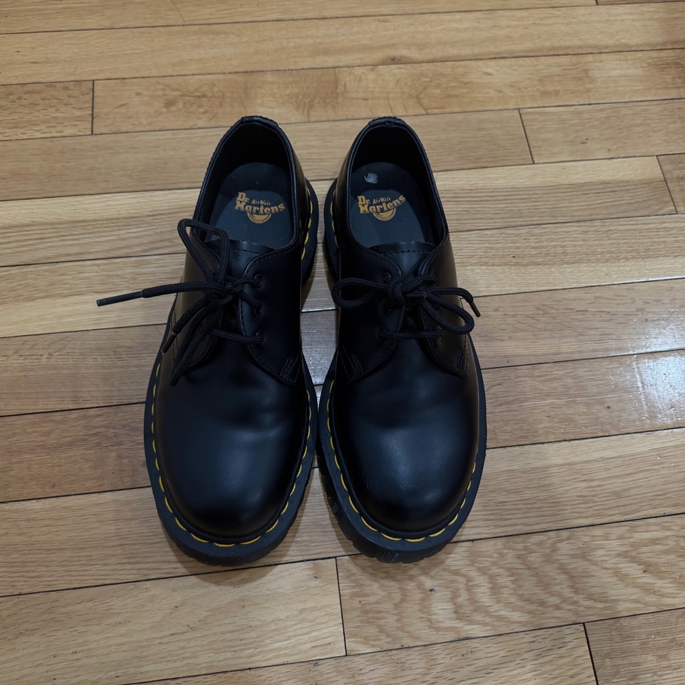 Dr. Martens Black Leather Oxfords with Yellow Stitching